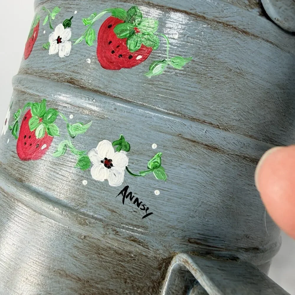 Handpainted Blue Strawberry Blossoms Metal Measuring Cup Planter Vase 6